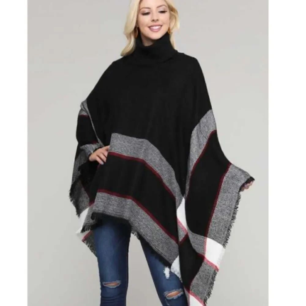 Plaid turtleneck poncho 
